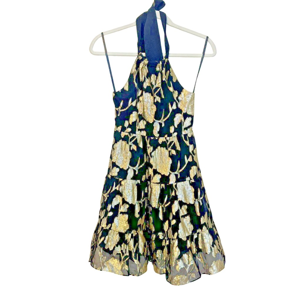 Milly Minis Girls Black Gold Metallic Floral Chiffon Tiered Halter Dress Size 10